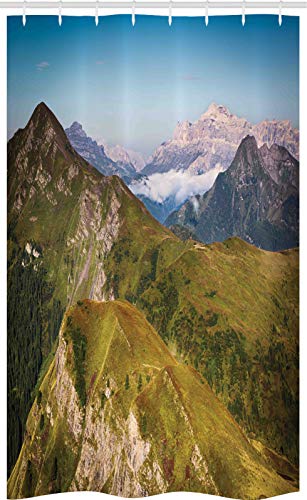 ABAKUHAUS Al Aire Libre Cortina para baño, Los Picos de montañas del Paisaje, Tela con Estampa Digital Apta Lavadora Incluye Ganchos, 120 x 180 cm, Verde Azul