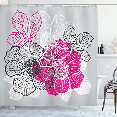 ABAKUHAUS Gris Cortina de Baño, Peonías de Novia Abstractos, Material Resistente al Agua Durable Estampa Digital, 175 x 240 cm, Magenta Blanco Gris