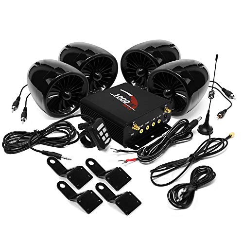 Aileap 1000W de la Motocicleta Amplificador 4 Impermeable Bluetooth Estéreo Auriculares Bluetooth Sistema de Audio AUX MP3 USB SD FM Radio para Harley Touring Crucero ATV UTV Scooter (Negro)