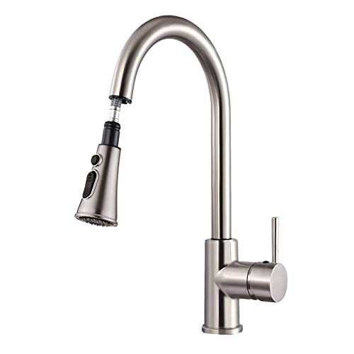 AILRINNI Grifo cocina - Grifo Cocina con Ducha Caño Giratorio a 360° Cepillado Grifo, Mezcla Caracteristicas Caliente y Frío extensible de 3 Vías para Ahorro de Agua. (Nickel Cepillado)