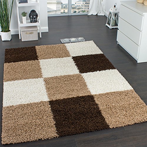 Alfombra Shaggy Pelo Alto Pelo Largo De Cuadros En Marrón Beige Crema, tamaño:140x200 cm