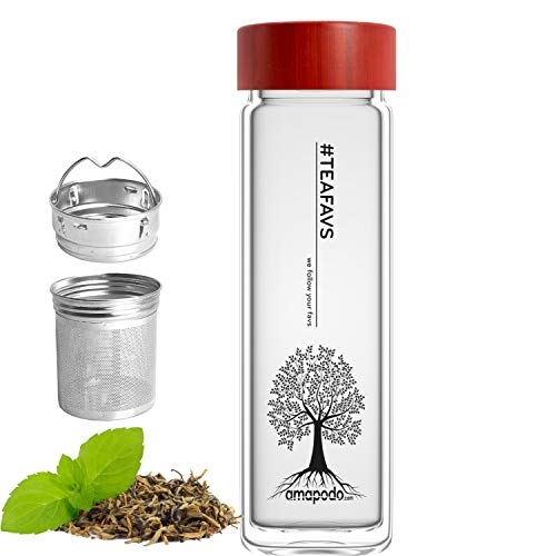 amapodo Botella de cristal de doble pared para té con colador, 400 ml, termo con colador y tapa de bambú, color rojo