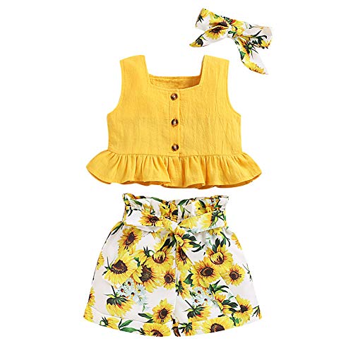 ANUFER 3 Piezas Niña Conjuntos de Ropa Brillante Amarillo Girasol Bebé Trajes Tops de Chaleco + Pantalones Cortos + Venda SC601C002 6-7 Años