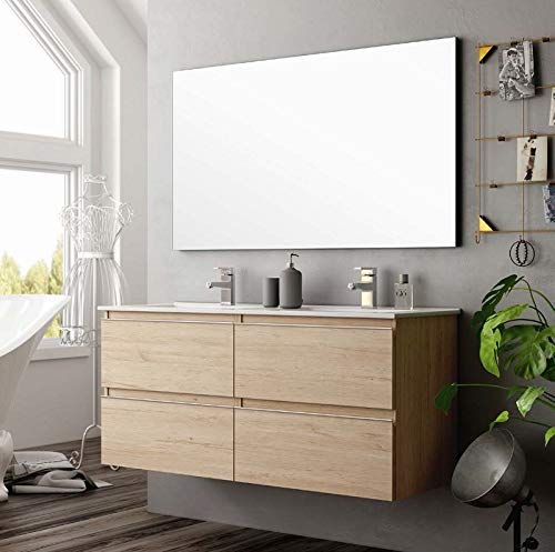 Aquore | Mueble de Baño con Lavabo y Espejo | Mueble Baño Modelo Sundee 2 Cajones Suspendido | Muebles de Baño | Diferentes Acabados Color | Varias Medidas (Bamboo, 100 cm)