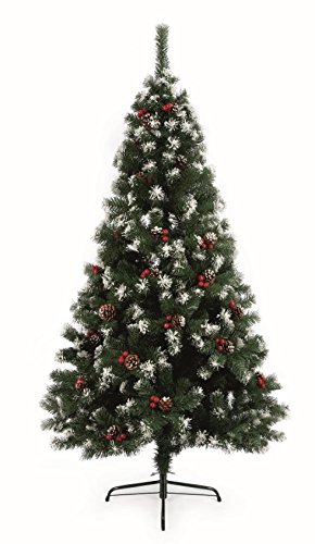 Árbol de Navidad de 1,82 m para interiores con punta nevada, conos y bayas, base metálica