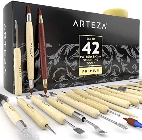 ARTEZA® Set de Herramientas de Esculpir Arcilla y modelar cerámica, para Profesionales o novatos, Materiales de Madera con Puntas de Acero Inoxidable Resistente, en Caja de cartón (Kit de 42)