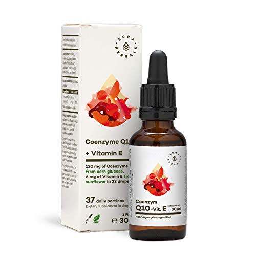 AURA HERBALS® Coenzima Q10 + Vitamina E Líquido 30 ml – 900 gotas – Producto natural 100% – Vegano – Propiedades antioxidantes – Alta biodisponibilidad