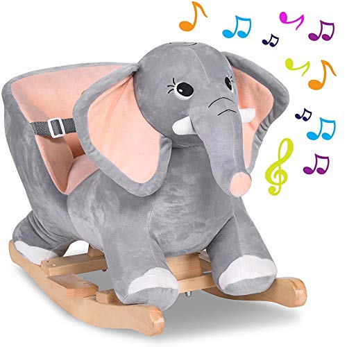 BAKAJI Elefante balancín cabalgable Peluche Juguete para niños con Efectos sonoros, Asas y cinturón de Seguridad (Elifante)