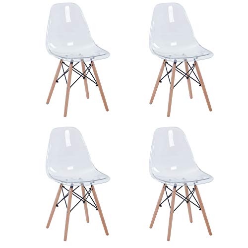 BenyLed Juego de 4 Sillas de Comedor de Acrílico Escandinavo Transparente con Patas de Madera de Haya Maciza (Blanco Transparente)