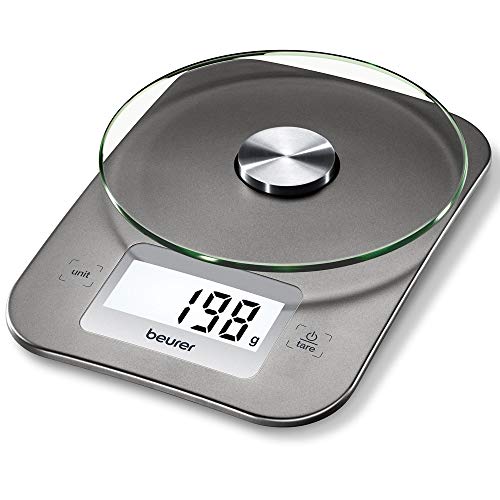 Beurer KS26 - Bascula de cocina 5kg / 1 gr, vidreo de seguridad, LCD de fácil lectura de 6.5 cm x 2.7 cm, boton táctil, apagado automático, superficie 15 cm, color silver