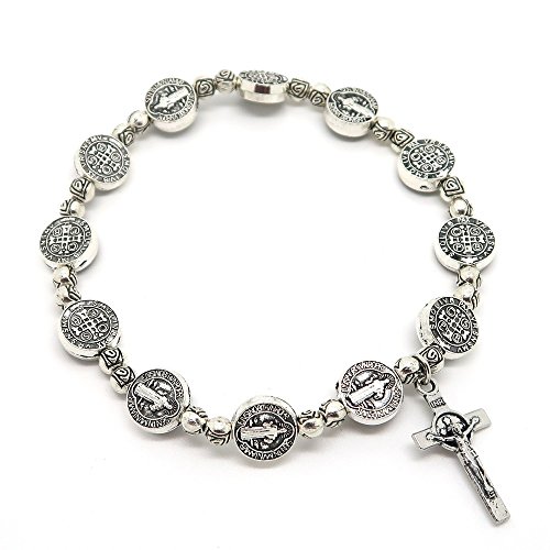 BOBIJOO JEWELRY - Pulsera De Elastique Hombre Mujer Medallas De San Benito De La Cruz De Cristo Metal De Plata