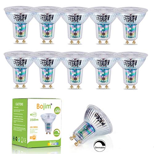 Bojim Bombillas Led Gu10 regulables, 10x lámparas Gu10 de 2700K, 6W 350LM Spotlight Bulbs Equivalente 50W Halógena, 36°Luz Blanca Cálida Spotlight LED Bajo consumo, Bombillas Cristal AC 220-240V