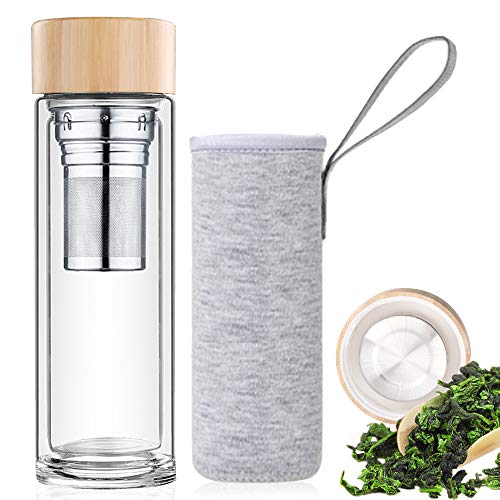 Botella de Agua de Cristal 450ML, Termo para té de Vidrio de Borosilicato, Doble Capa Botella, con infusor de Acero Tapa de Bambú y Funda de Neopreno Gris