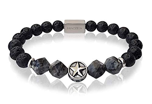 BRACSTON® Pulsera Hombre Cuero Negro Piedras naturales de Lava y Acero Inoxidable - Cerradura Magnética de Acero Inoxidable - Brazalete de Sanación - Regalo Navidad (20, lava)