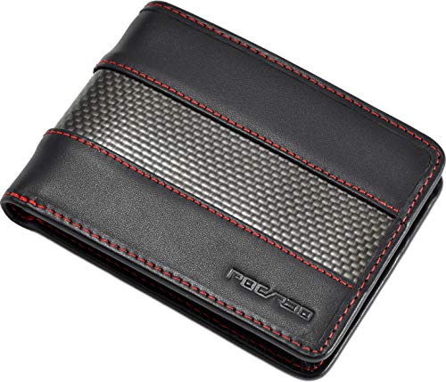 Cartera Negra para Hombre | Piel y Carbono | Bloque de RFID | POCARDO Stripe (con Bolsillo para Monedas/Costura Roja)