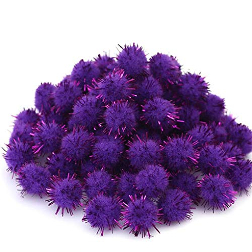 CAVIVI 100 pompones para manualidades con purpurina, bolas de colores surtidos con purpurina y espumillón de gatitos, gatos favoritos, color morado