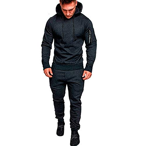 Chándal Completo de Hombre 2 Piezas Conjunto de Traje Sudadera de Manga Larga y Color Liso con Capucha + Pantalones Largos con Bolsillos Ropa Informal y Deportivo de Primavera Otoño (Gris Oscuro, XXL)