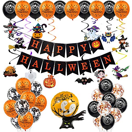 ChuerTech Halloween Decoracion, Happy Halloween Globos con Pancarta de Happy Halloween, Globos de Látex, Arañas, Murciélagos, Fantasmas, Brujas, Halloween Decoración para Casa Bar Halloween Fiesta