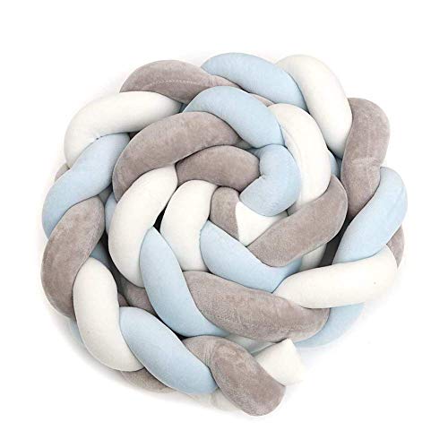 Cozywind 4m/2m Protector para Cuna Bebé Trenzado Barandilla Cama Niño, Suave Cojín Infantil para Decoración, Foto Prop (azul+gris+blanco, 4m)