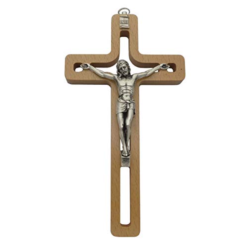 Crucifijo de pared de madera natural con diseño moderno calado Cristo cuerpo de metal plateado, 20 cm