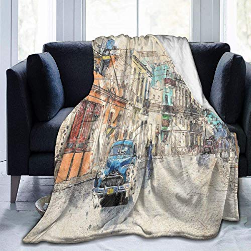 Cuba Oldtimer Havana Old Car Franela Fleece Manta Ultra Suave Cozy Warm Throw Manta Ligera Manta de Microfibra para el hogar, 80x60in