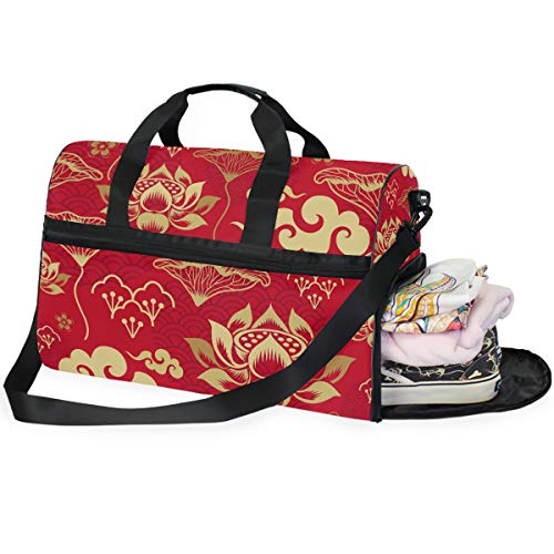 Dallonan Bolsa de Viaje para la Noche de Negocios, Estilo Chino, Bolsa de Lona con diseño de Flor de Loto, para Gimnasio, Zapatero, Bolsa Deportiva