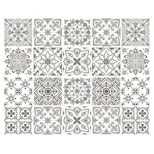 decalmile 20 Piezas Pegatinas de Azulejos 15x15cm Gris y Blanco Marroquí Adhesivo Decorativo para Azulejos Cocina Baño Decoración