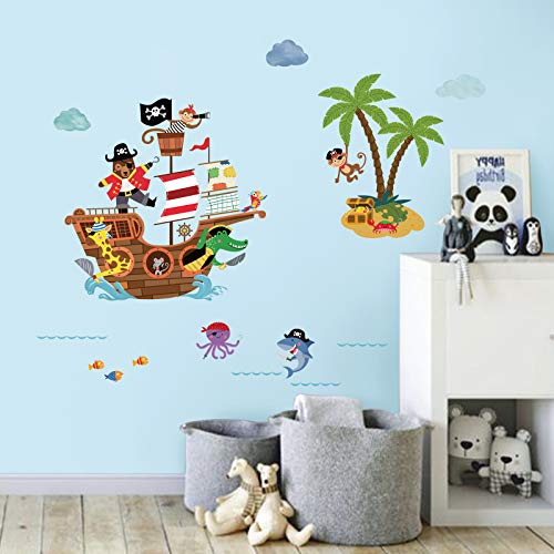 decalmile Pegatinas de Pared Barco Pirata Vinilos Decorativos Infantiles Animales Mono Adhesivos Pared Habitación Bebés Niños Guardería Baños Salón