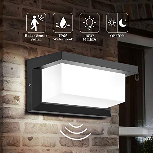 DECMAY lámpara de pared LED para exteriores, iluminación exterior de 18 vatios IP65, luz de control de inducción de radar cuadrada a prueba de agua para patio, balcón, taller de garaje (Blanco frio)