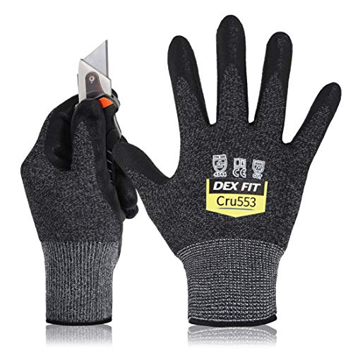 DEX FIT Guantes Anticortes de Nivel 5 Cru553, Ajuste Cómodo Elástico 3D, Buen Agarre, Recubrimiento de Espuma Duradero de Nitrilo, Táctil, Fino y Ligero, Lavable, Negro-Gris 9 (L) 1 Par