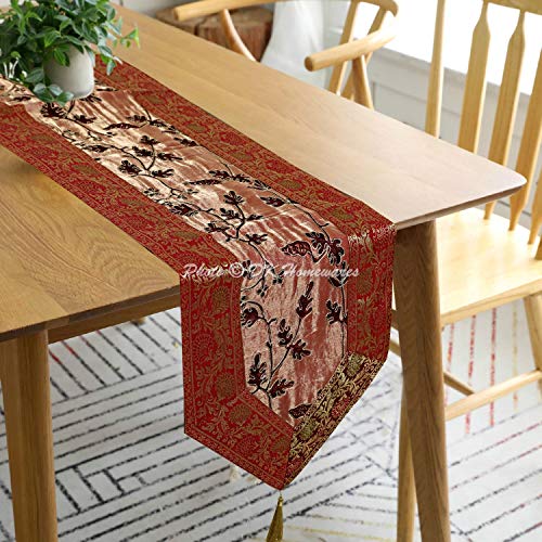 DK Homewares Tradicional Tabla De Fiesta Decoración 72 X 14 Camino De Mesa Brocado Embroidered Borla Trabajo Jacquard Frontera Floral Étnico 6 Ft Paño Mesa (180 X 40 Cm ; Granate Y Café)