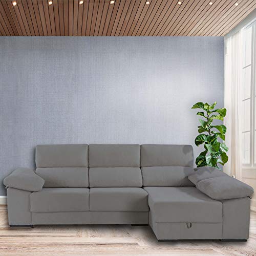 Dreaming Kamahaus Sofa Troya 3 plazas + Chaise Longue Derecha | Asientos deslizantes y reposacabezas reclinables | Incluye 2 pufs en el Brazo| Tejido SemiNido 2/Antracita| Envío y Montaje Incluido