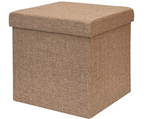 DuneDesign Puf 38cm Escabel con cajón Contiene 42L Banqueta para los pies Caja con Tapa Acolchada Reposapiés Plegable Taburete Cuadrado Marrón Claro