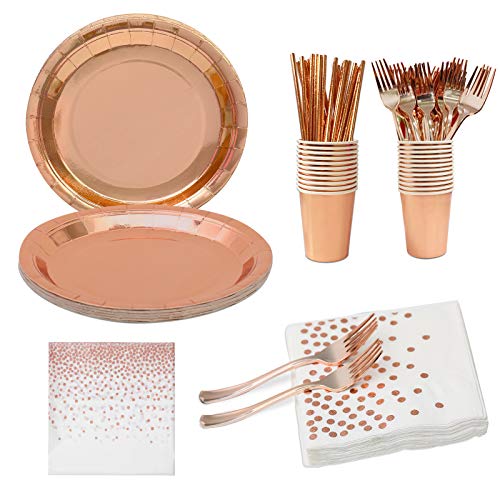 EKKONG Rosa Oro Party Platos, Kit de Vajilla Desechable con Platos Servilletas Vasos Mantel Pajitas Tenedores para Decoraciones Cumpleaños, Boda, Aniversarios (25pcs)