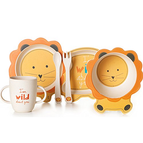 EULANT Juegos de Vajilla para Niños, Set Plato Y Bol Bebé,Cubiertos Infantile Bambú Sin BPA, 5pcs Set De Vajilla (Plato Compartimento,Bol,Taza, Tenedor,Cuchara),Mejor Regalos para Bebe, Forma de León