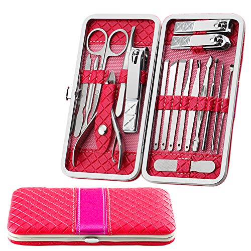 Fixget 18 Set de Manicura Pedicura Kit de uñas deAcero Inoxidable, Tijeras de uñas Profesionales Manicura Kit Incluye Herramientas Remover Cutícula (18Pcs Rojo)