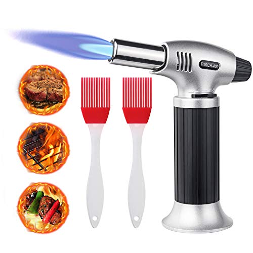 flintronic® Antorcha de Cocina, Antorcha de Butano Rellenable con Cierre de Seguridad, Llama Ajustable con 2 Cepillos de Silicona para Cocinar, Barbacoa, Pasteles, Soldadura (Gas Butano no Incluido)