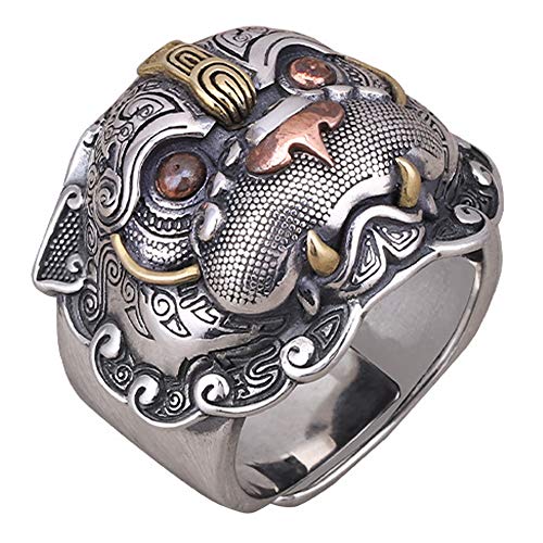 FORFOX Anillo de PIXIU Animal mítico Chino de Plata de Ley 925 Vintage para Hombres Mujeres Talla Ajustable 14-22