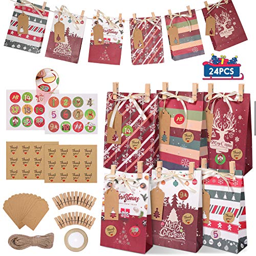 Gafild Bolsas de regalo navidad, 24pcs 6 Estilos bolsas de regalo papel Kraft con 48 Pegatinas Comida Dulces Galletas Chocolates para fiestas Bolsa Kraft para Navidad, fiesta 22x15x6cm