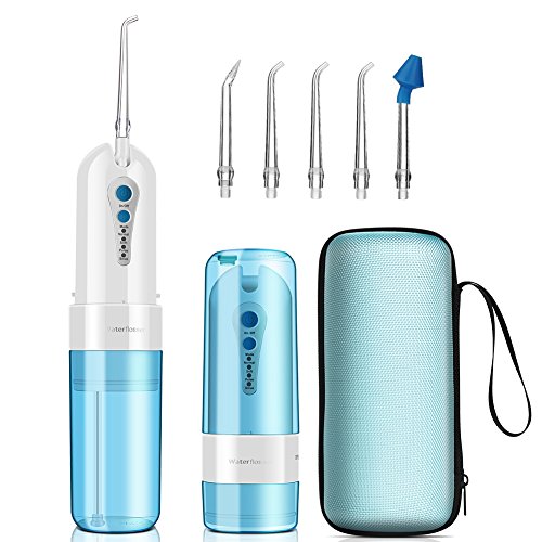 GEEDIAR Irrigador Bucal, Irrigador Dental Portátil USB Recargable Eléctrico Inalámbrico IPX7 Impermeable 150ml Irrigador Oral con 5 Boquillas y Nariz, Aprobado por la FDA, Azul / Blanco