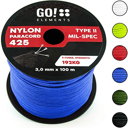 GO!elements 100m Cuerda Paracord de Nylon Resistente al desgarro - 3mm Paracord 425 Tipo II líneas como Cuerda para Exteriores, Cuerda para Todo Uso - línea de Nylon MAX. 192kg, Color:Azul