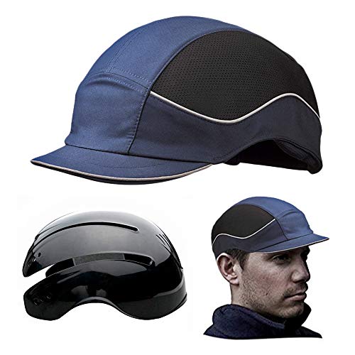 Gorra Seguridad / Casquete Antigolpes para proteger de impactos como piedras, Ramas, Casco interior ABS con almohadilla EVA. Pro Gorra anti-choque EN 812 A1 Micro corta visera - 3cm. Color: Azul y Negro. Hombre / Unisex (Short Peak Bump Cap)