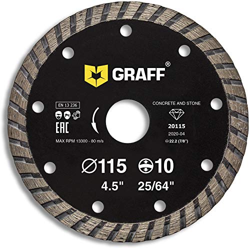 Graff Disco Diamante de 115 mm para Granito, Beton, Gres Cerame, Mampostería, Azulejos, ladrillo – Turbo Disco de corte diamante para amoladora – 4,5 pulgadas