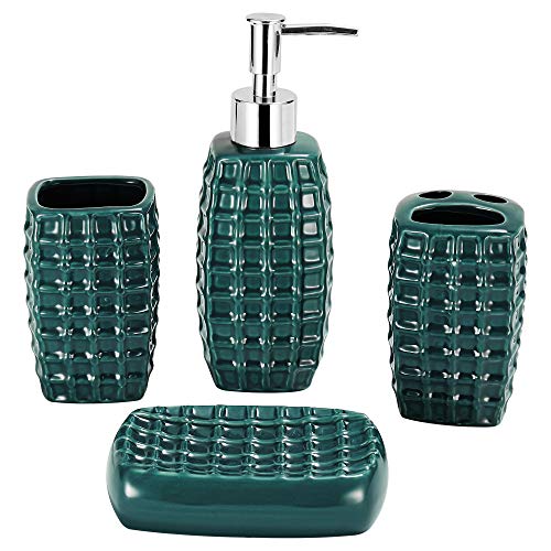 Gricol Juego de accesorios de baño de cerámica, dispensador de jabón líquido o loción, soporte para cepillo de dientes, vaso, jabonera, color verde oscuro