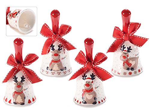 Gruppo Maruccia Ocho campanas navideñas de cerámica con renos y lazo rojo, decoración navideña, idea de regalo