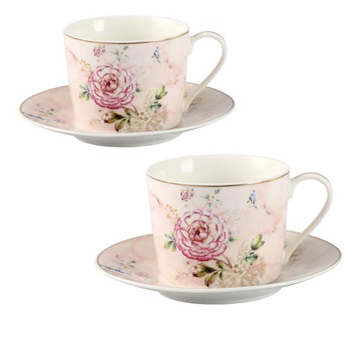 GuangYang Tazas de Porcelana Fina, Taza de té Floral de peonía y platillo, Juego de 2, 220 ml, Juego de Regalo de café