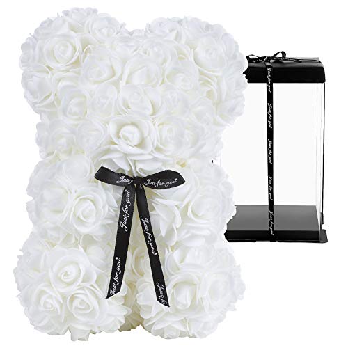 GuKKK Osito de Rosas con Caja de Regalo de Pozy, Rosa Oso, Oso de Rosas, Oso Flores, Oso de Flores Aniversario, Regalo para mamá Valentín, Cumpleaños, Aniversario-Caja de Regalo (10 Pulgadas) (Blanco)