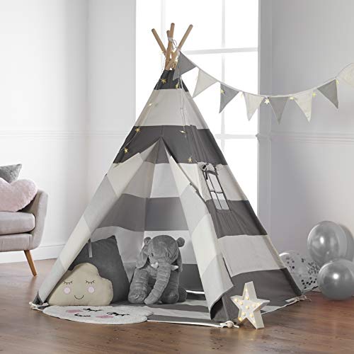 Haus Projekt Tienda Tipi para niños con Luces de Hadas, empavesado y Base Impermeable incluida - Tienda para Jugar e Imaginar, 100% algodón, para Interior / Exterior (Rayas Grises)