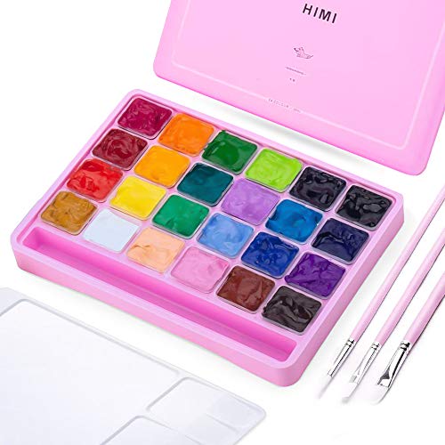 Himi Gouache - Juego de pintura de 24 colores vibrantes no tóxicos, diseño único de taza de gelatina con 3 pinceles de pintura para artistas, estudiantes, 30 ml/taza (rosa)