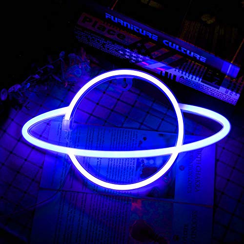 HITECHLIFE Planeta Luz de neón, Blue Pink Planet Letreros de neón Iluminan Arte Decoración de pared Batería impermeable a la luz/Luz de noche LED operada por USB para fiestas infantiles